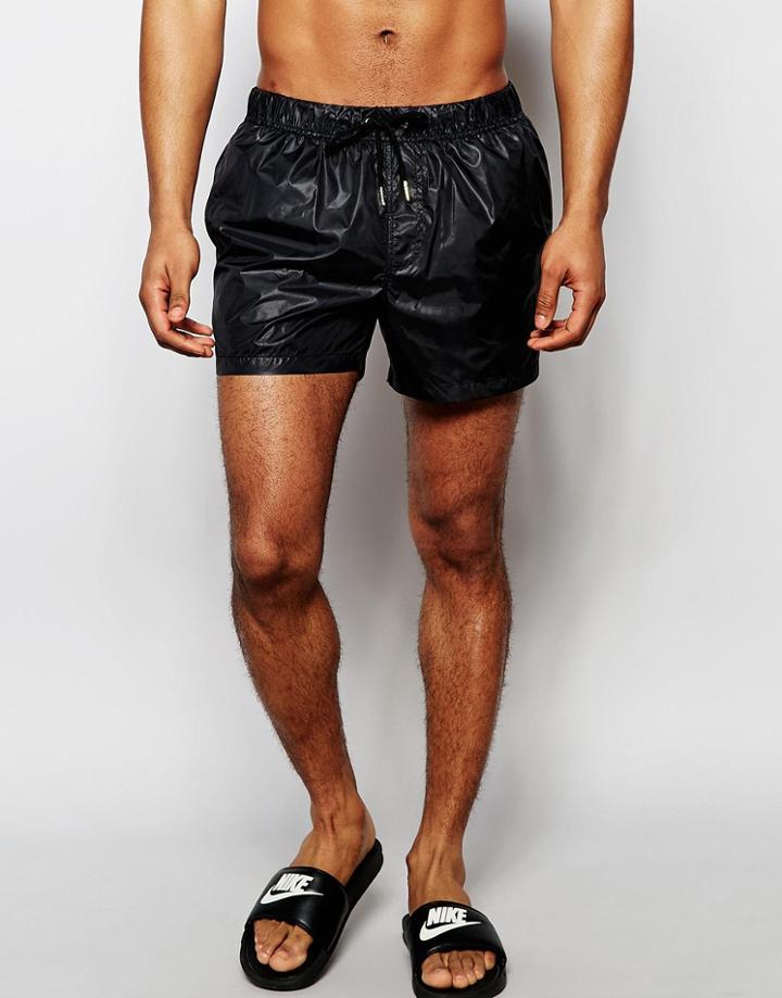 Asos Short Length Swim Shorts In Black Wet Look Fabric - Black