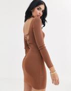 Asos Design Lace Up Detail Long Sleeve Mini Dress In Structured Knit