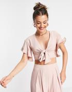 Asos Design Matching Flutter Sleeve Crop Top With Tie Front In Blush-pink