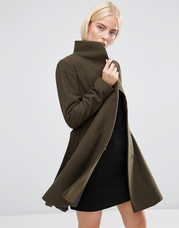 Asos Skater Coat With Funnel Neck - Khaki