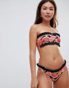 Pistol Panties Watermelon Print Bandeau Bikini Set With Contrast Ruffle Trim - Multi