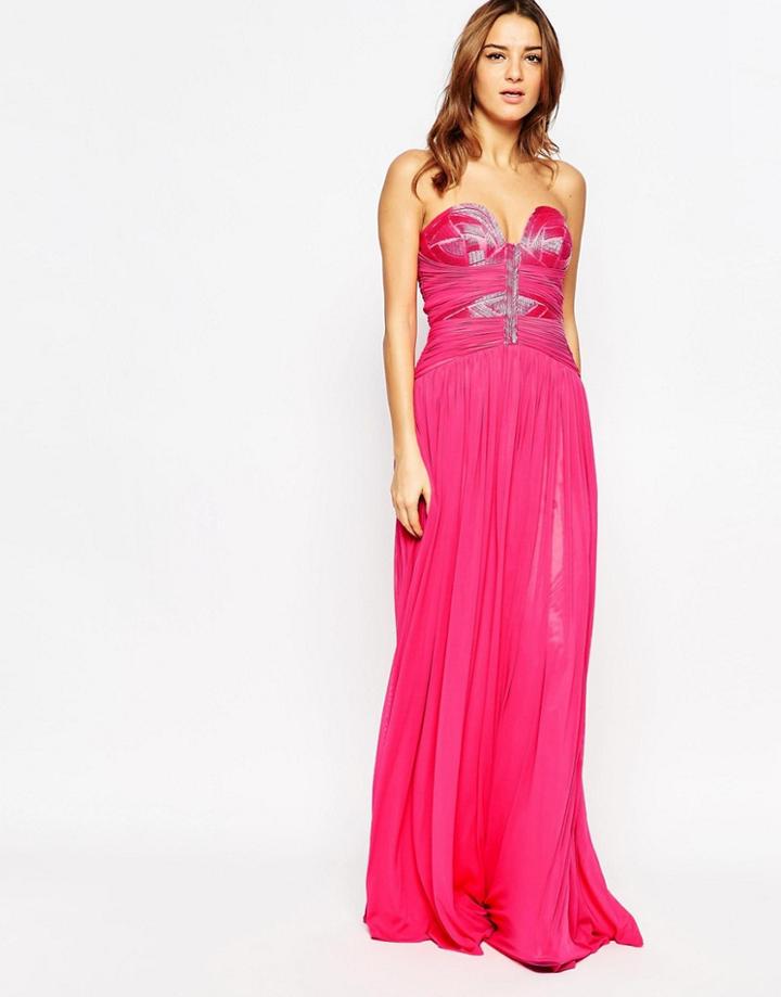 Forever Unique Saffron Maxi Dress With Embellished Plunge Neck - Watermelon