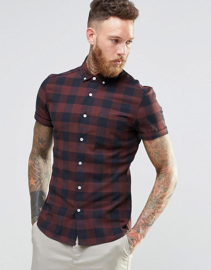 Asos Skinny Buffalo Plaid Shirt In Rust With Short Sleeves - Rust