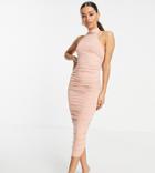 Asos Design Petite Ruched Racer Front Neck Midi Dress In Blush-pink