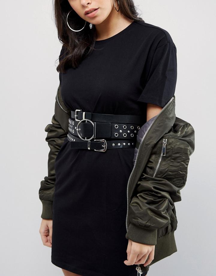 Asos Multi Row Stud And Eyelet Belt - Black