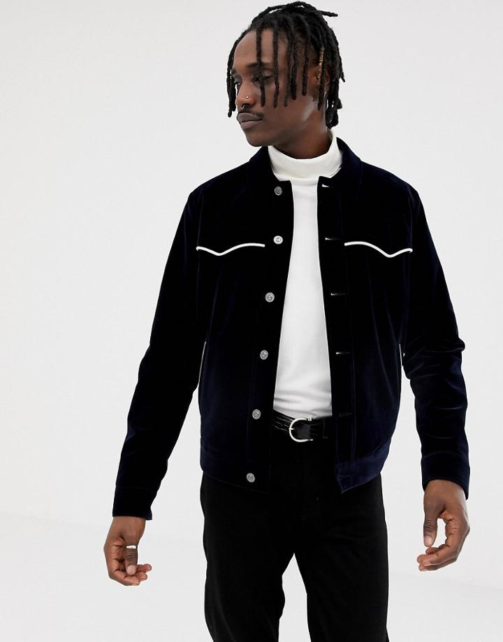 Asos Design Western Jacket In Uncut Cord With Piping Detail - Navy