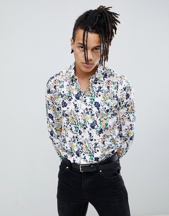 Devils Advocate Slim Fit Winter Flower Print Shirt - White