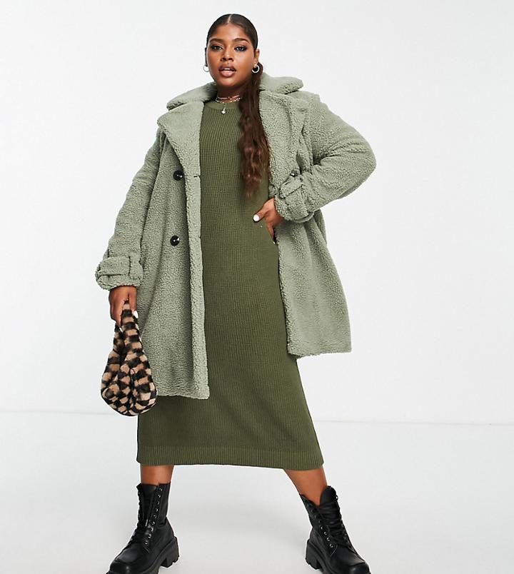 Violet Romance Plus Borg Coat In Sage Green