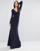 City Goddess Backless Long Sleeved Maxi Dress In Lurex Fabric - Navy