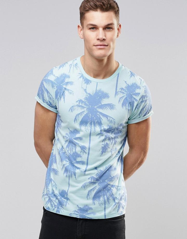 Asos Muscle T-shirt With Palm Print And Roll Sleeves - Eggshell Blue
