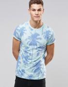 Asos Muscle T-shirt With Palm Print And Roll Sleeves - Eggshell Blue