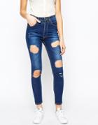 Good Vibes Bad Daze Ripped High Waisted Skinny Jeans - Dark Wash Blue