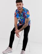 River Island Revere Shirt With Floral Print In Blue - Blue