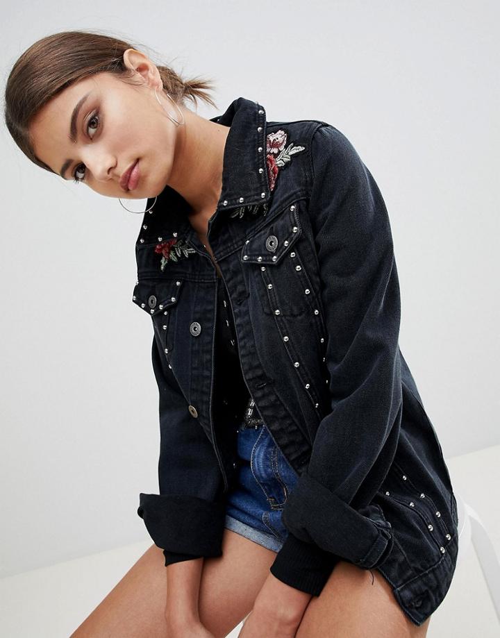 Liquor N Poker Girfriend Jacket With Studs And Rose Embroidery - Black