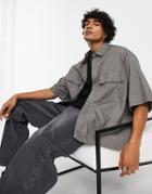 Asos Design Boxy Oversized Poplin Shirt With Double Pockets In Charcoal-grey