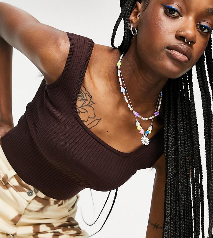 Collusion Knitted Ribbed Square Neck Top In Brown
