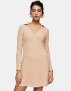 Topshop Collared Knitted Mini Dress In Blush-pink