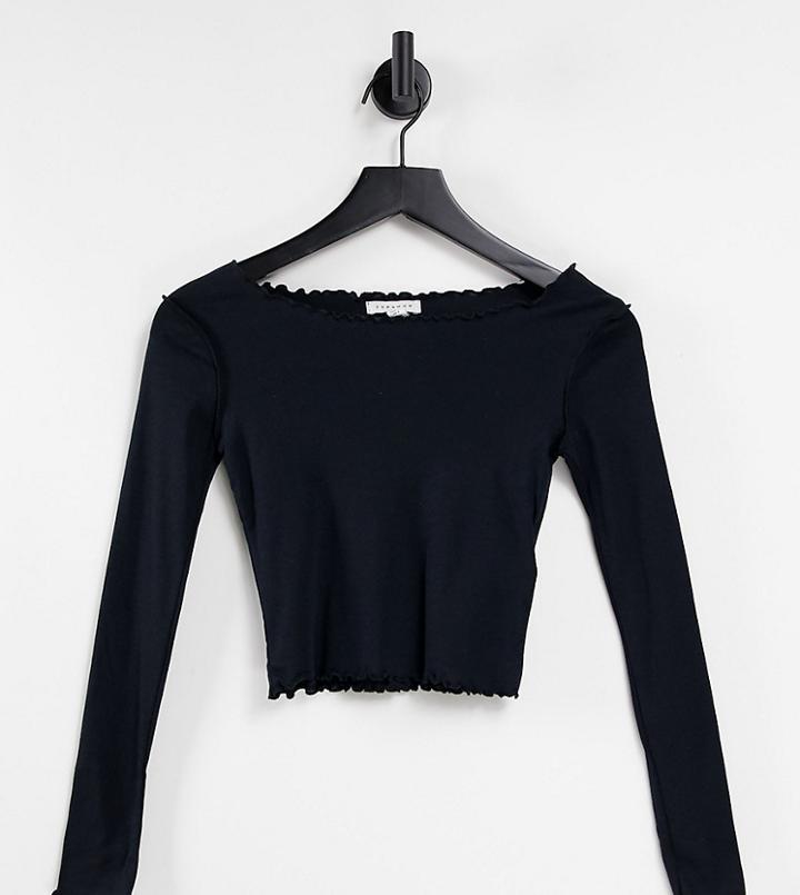 Topshop Petite Long Sleeve Lettuce Top In Black