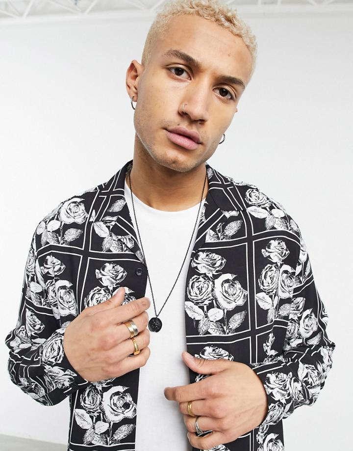 Asos Design Relaxed Camp Collar Shirt In Monochrome Rose Floral Grid Print-black