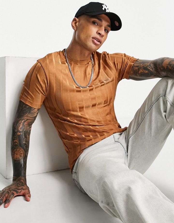 Asos Design Skinny T-shirt In Brown Jacquard Texture