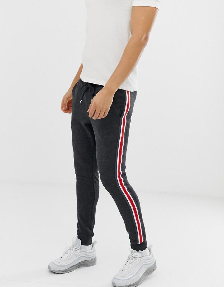Asos Design Super Skinny Sweatpants With Side Stripe In Charcoal - Gray