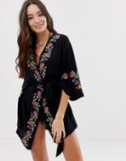 Asos Design Wrap Front Beach Cover Up With Floral Embroidery Print & Tassel Back - Black