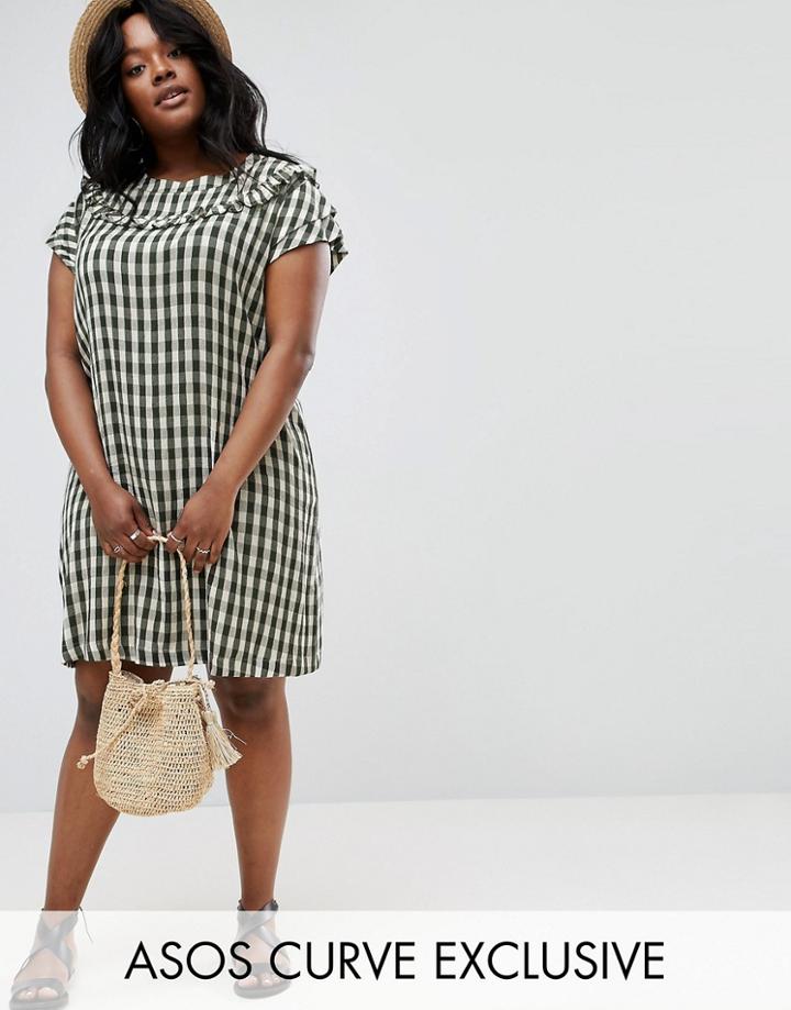 Asos Curve Gingham Frill Shift Dress - Green