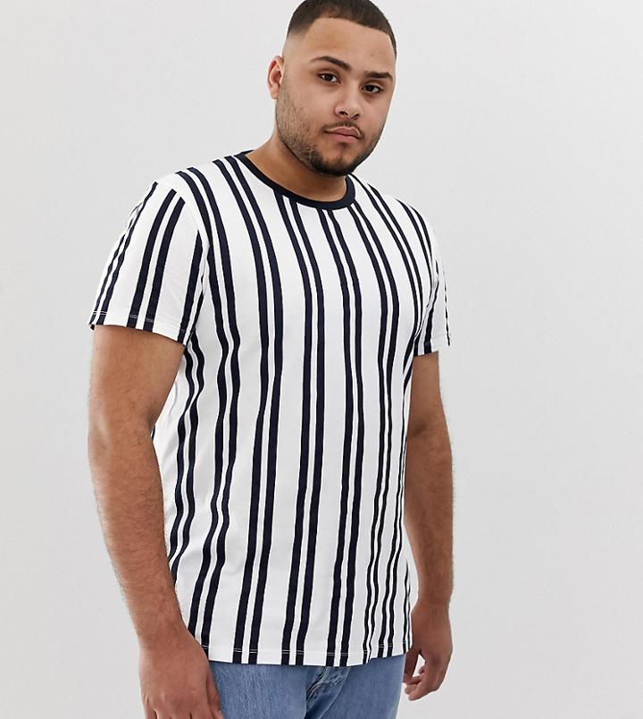 Asos Design Plus Vertical Stripe Print T-shirt With Contrast Neck In Navy Stripe - White