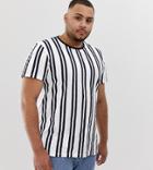 Asos Design Plus Vertical Stripe Print T-shirt With Contrast Neck In Navy Stripe - White