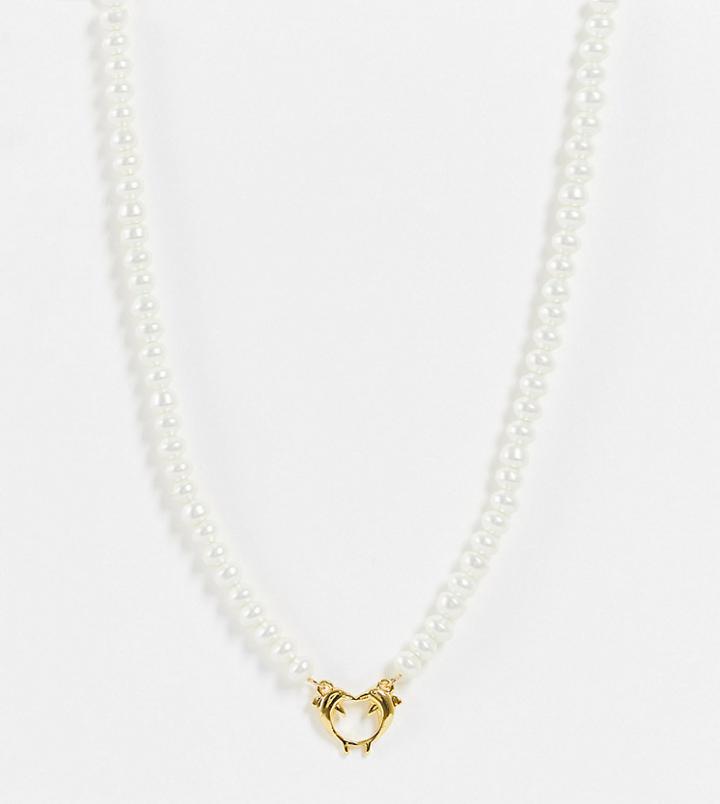 Asos Design 14k Gold Plated Necklace With Glass Pearls And Dolphin Pendant