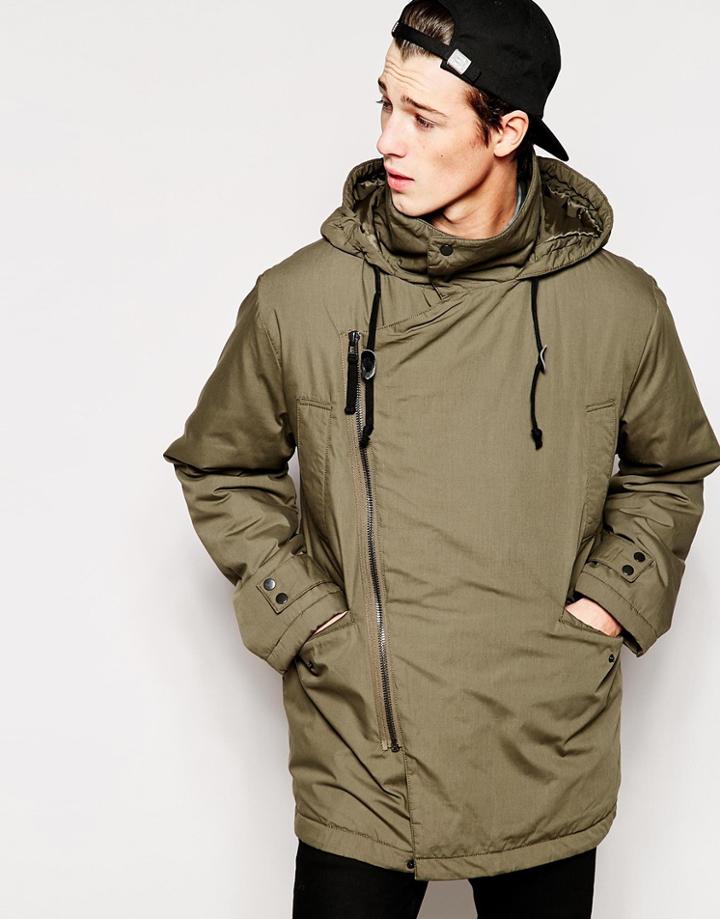 Asos Asymmetric Parka In Khaki - Khaki