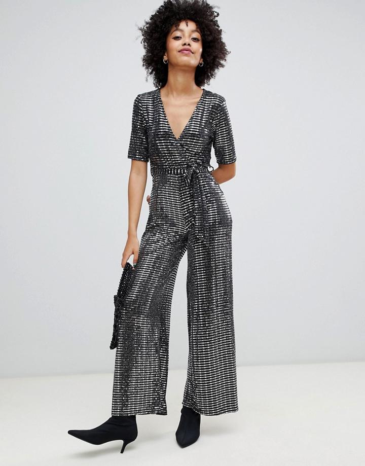 New Look Glitter Cullotte Wrap Jumpsuit - Black