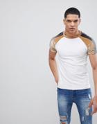 Asos Design Muscle T-shirt With Velour Panel Raglan Sleeves In White - White