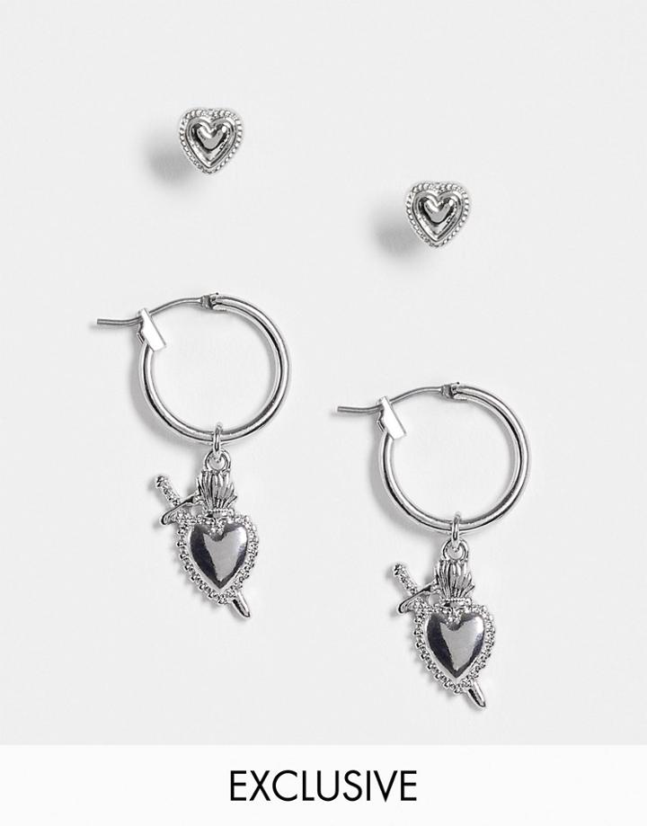 Reclaimed Vintage Inspired Unisex Mixed Stud And Hoop Heart And Dagger Earring Pack In Silver-gold