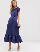 Closet Navy Satin Frill Hem Midi Dress - Navy