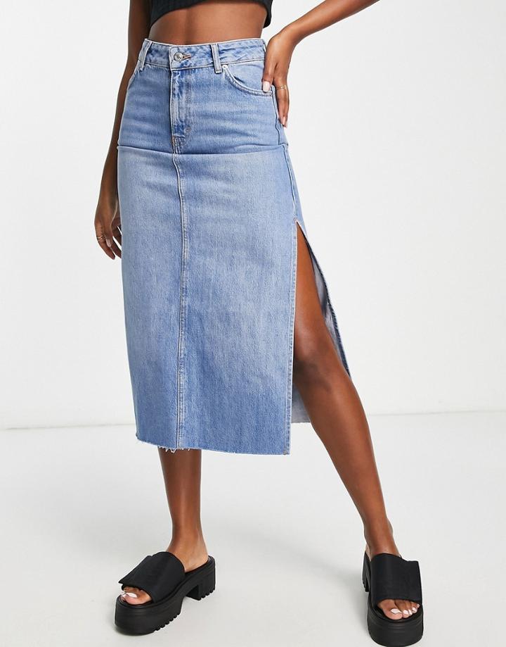 Topshop Split Midi Skirt In Mid Blue