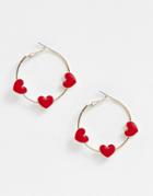 Asos Design Hoop Earrings With Red Love Hearts In Gold Tone - Gold