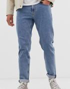 Asos Design Tapered Jeans In Flat Mid Wash Blue - Blue