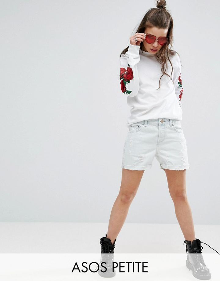 Asos Petite Denim Boyfriend Shorts In Georgia Light Wash Blue With Abrasions - Blue