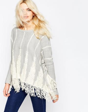La Fee Verte Veritcal Striped Sweater With Hem Fringe - Snowfield