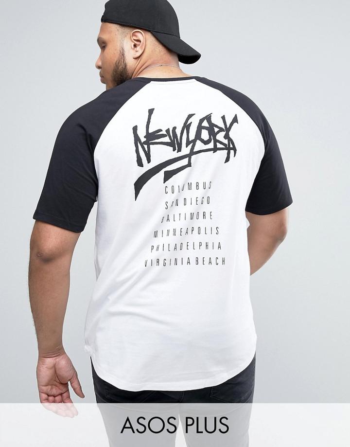Asos Plus Longline T-shirt With New York Back Print And Contrast Raglan - White