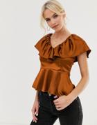 Asos Design Ruffle Front Top In Satin - Red
