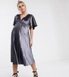 Asos Design Maternity Twist Front Velvet Midi Dress-silver