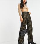 Topshop Petite Baggy Checkerboard Jeans In Khaki-green