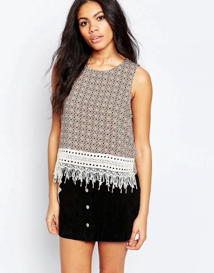 Brave Soul Printed Tank With Lace Trim - Red