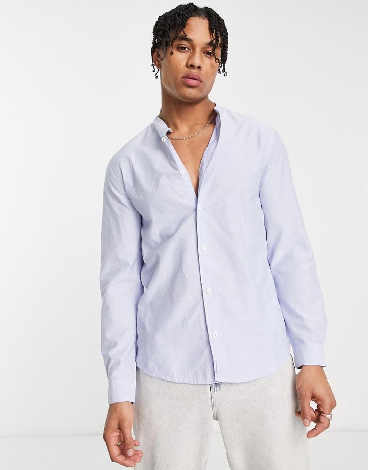 Bershka Grandad Shirt With Long Sleeves In Light Blue
