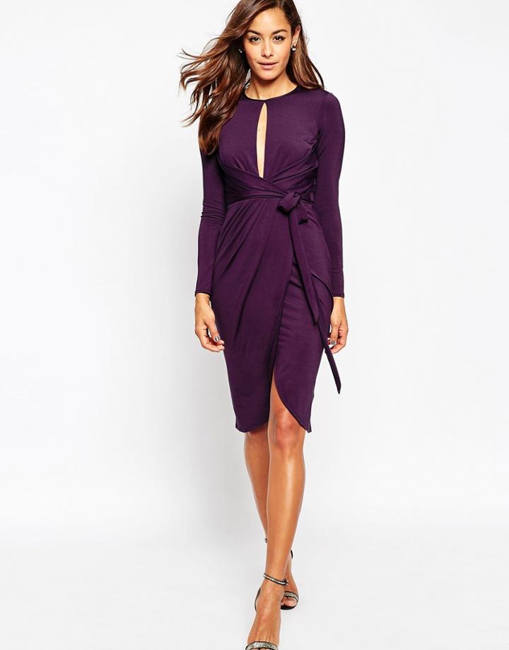 Asos Slinky Deep Plunge Midi Pencil Dress - Burgundy