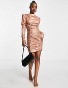 Asos Design Long Sleeve Super Ruched Pu Mini Dress In Stone-neutral