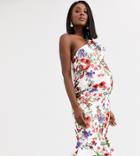 Asos Design Maternity Ruffle One Shoulder Midi Dress With Grosgrain Straps In Floral Print-multi