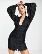 Asos Design Cutwork Detail Mini Dress With Collar Detail And Blouson Sleeve In Black